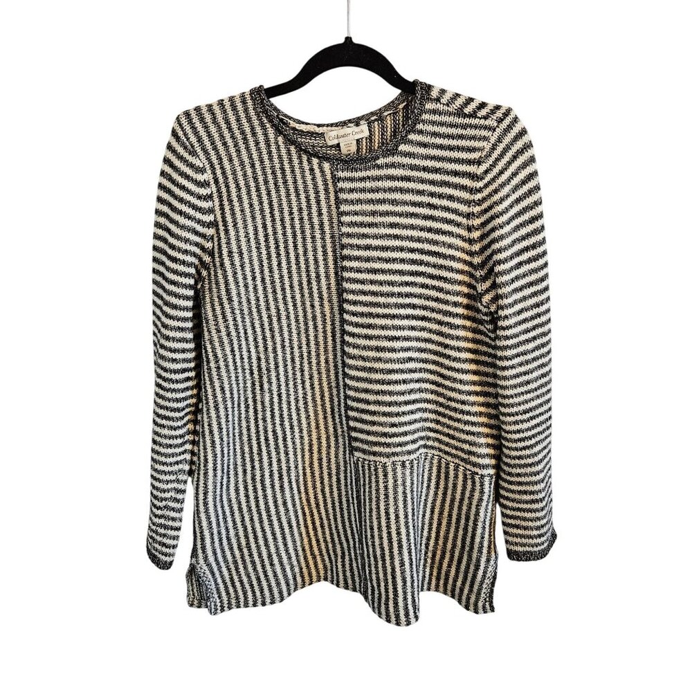 Coldwater Creek Woman SZ PM Varied Stripe Chunky Knit Sweater Tunic  Grey & Whit